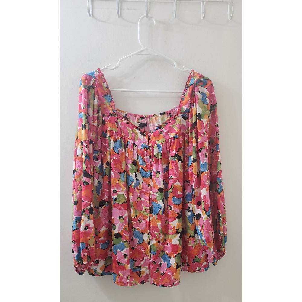 Floral Square Neck Button Down Blouse Long Sleeve Pink Multi Color Large